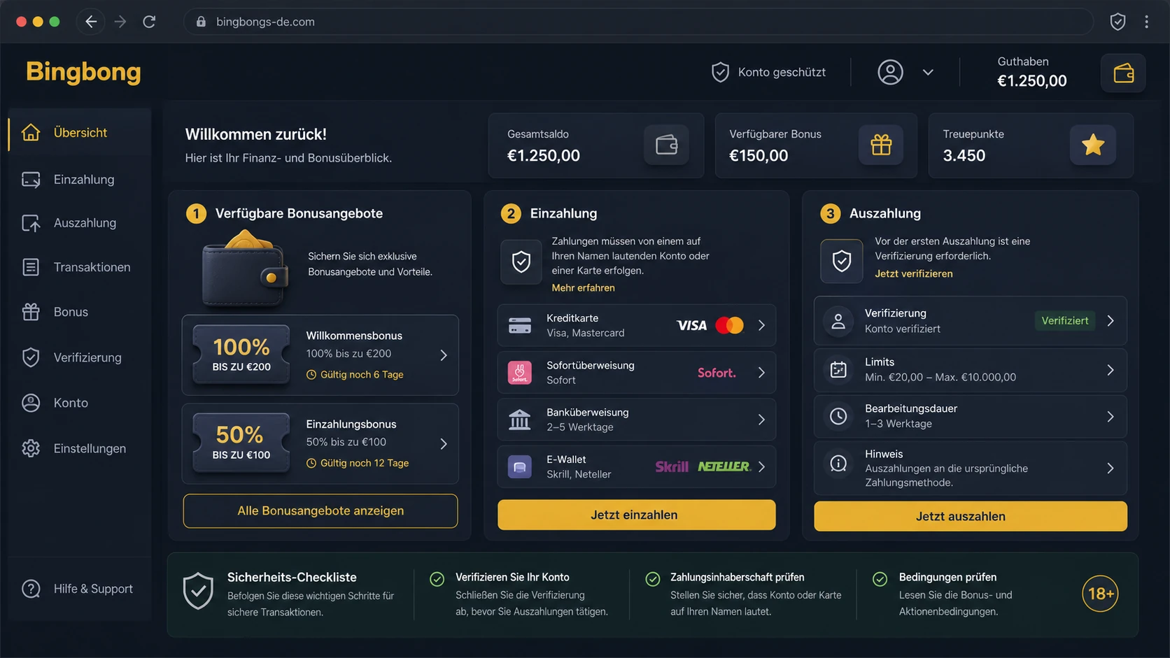 Bonus, Einzahlung und Auszahlung nach dem Login
